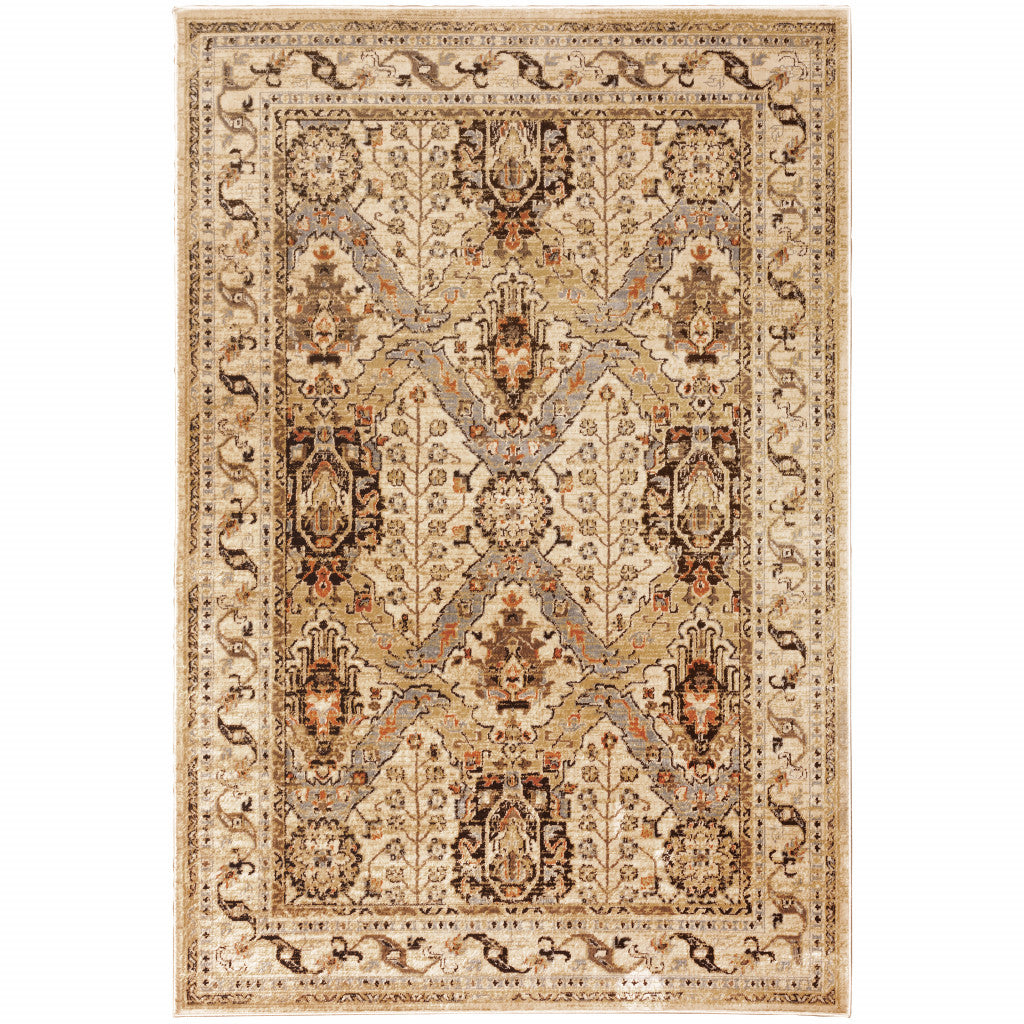 8' X 10' Beige Grey Dolphin Blue Deep Teal Gold And Orange Oriental Power Loom Stain Resistant Area Rug