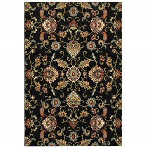 6' X 9' Black Red Green Ivory Salmon And Yellow Floral Power Loom Stain Resistant Area Rug