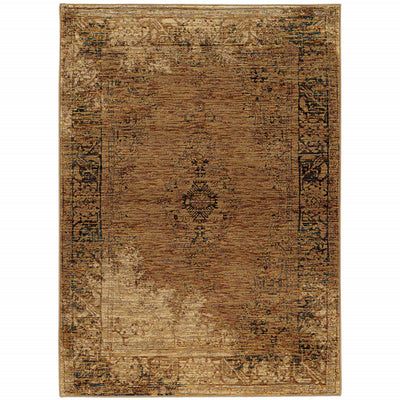10' X 13' Gold And Brown Oriental Power Loom Stain Resistant Area Rug