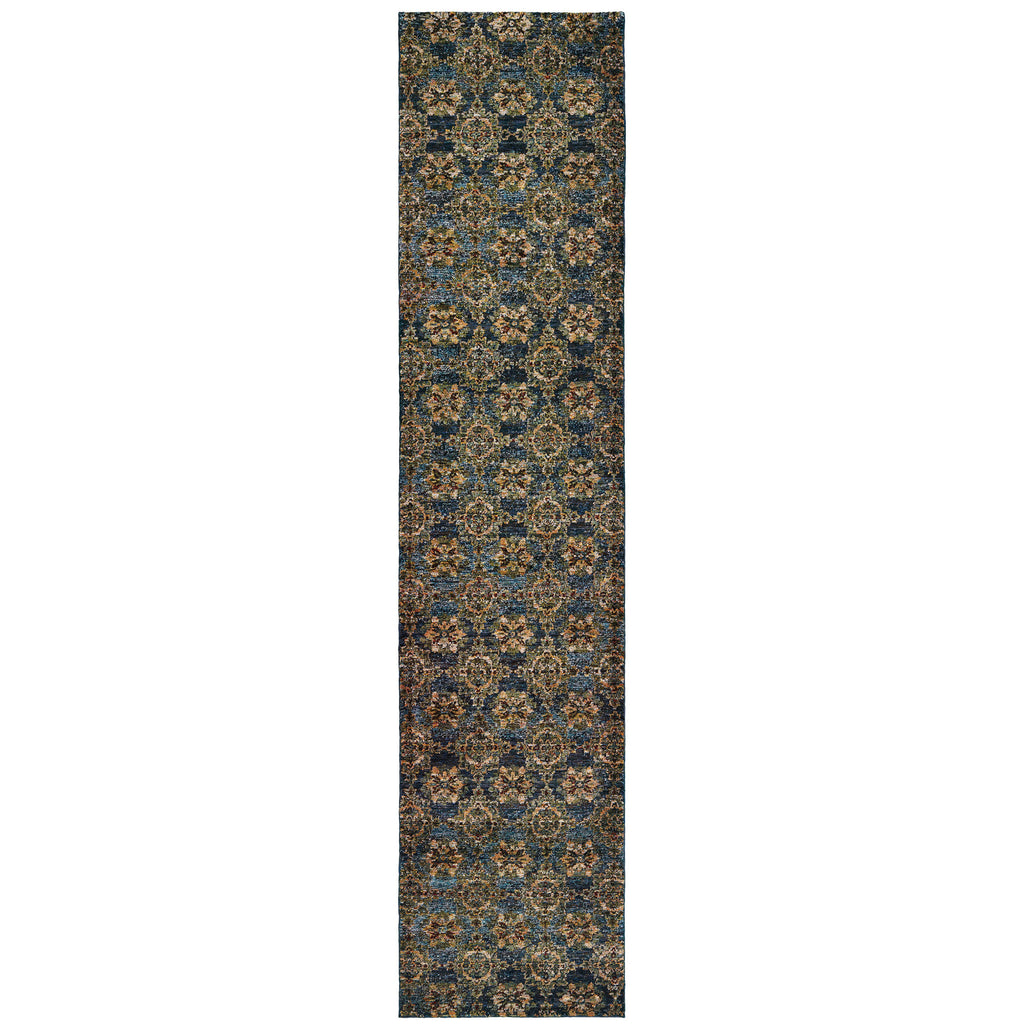 2' X 10' Blue And Gold Oriental Power Loom Stain Resistant Runner Rug