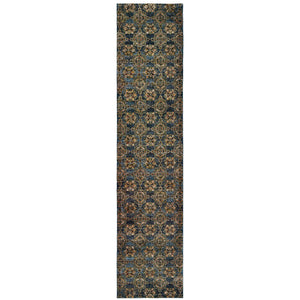 2' X 10' Blue And Gold Oriental Power Loom Stain Resistant Runner Rug