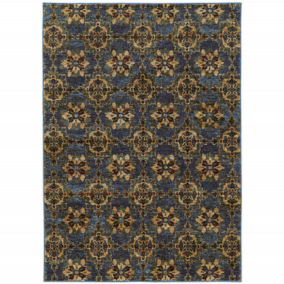 6' X 9' Blue And Gold Oriental Power Loom Stain Resistant Area Rug
