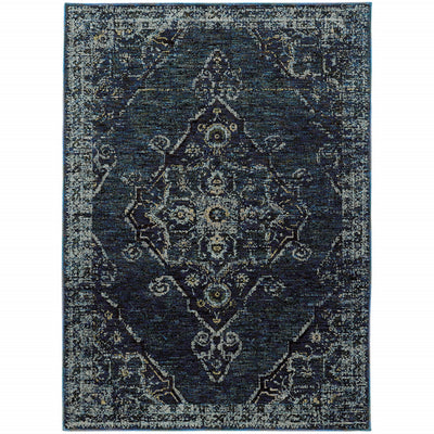 6' X 9' Blue And Brown Oriental Power Loom Stain Resistant Area Rug