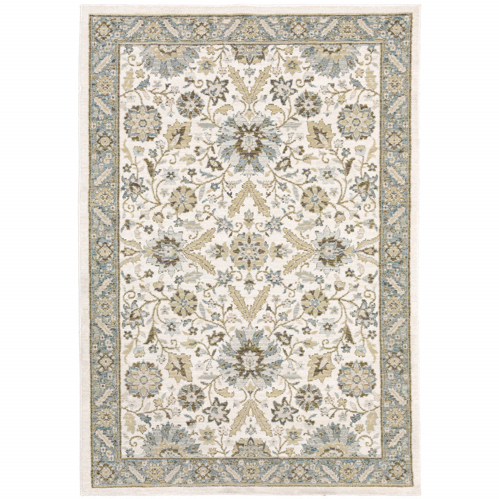 2' X 3' Stone Grey Ivory Green Brown Teal And Light Blue Oriental Power Loom Stain Resistant Area Rug