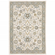 2' X 3' Stone Grey Ivory Green Brown Teal And Light Blue Oriental Power Loom Stain Resistant Area Rug