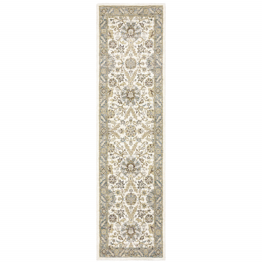 2' X 8' Stone Grey Ivory Green Brown Teal And Light Blue Oriental Power Loom Stain Resistant Runner Rug