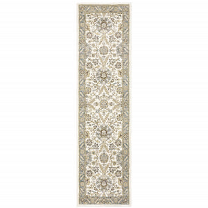 2' X 8' Stone Grey Ivory Green Brown Teal And Light Blue Oriental Power Loom Stain Resistant Runner Rug