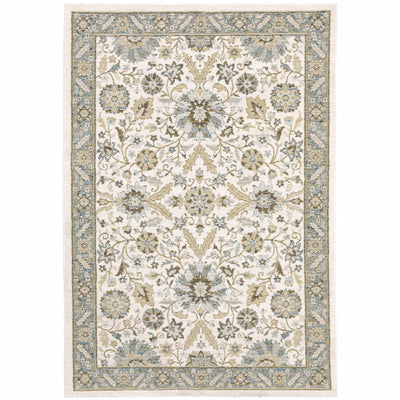 5' X 7' Stone Grey Ivory Green Brown Teal And Light Blue Oriental Power Loom Stain Resistant Area Rug
