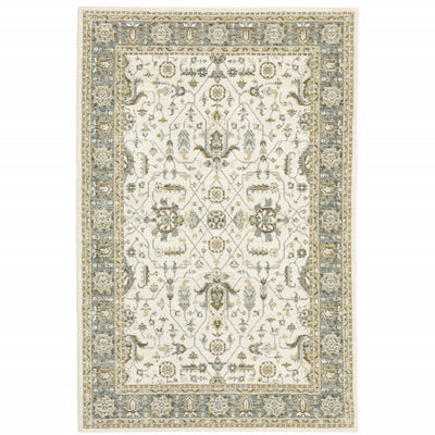 2' X 3' Ivory Grey And Blue Oriental Power Loom Stain Resistant Area Rug