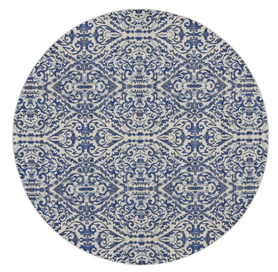 '9' Blue Ivory And Black Round Floral Distressed Stain Resistant Area Rug