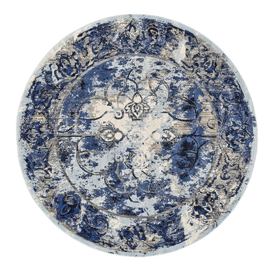 '9' Blue Ivory And Gray Round Floral Distressed Stain Resistant Area Rug