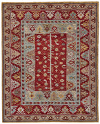 5' X 8' Red Blue And Brown Wool Floral Hand Knotted Distressed Stain Resistant Area Rug With Fringe