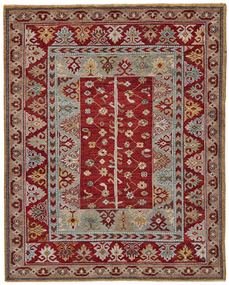5' X 8' Red Blue And Brown Wool Floral Hand Knotted Distressed Stain Resistant Area Rug With Fringe
