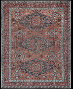 5' X 8' Red Orange And Blue Wool Floral Hand Knotted Distressed Stain Resistant Area Rug With Fringe