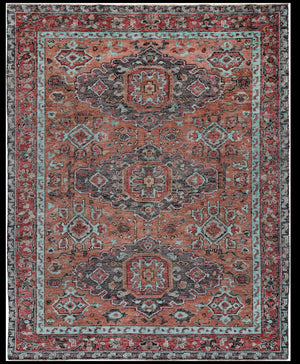 10' X 13' Red Orange And Blue Wool Floral Hand Knotted Distressed Stain Resistant Area Rug With Fringe
