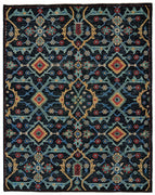 5' X 8' Blue Yellow And Red Wool Floral Hand Knotted Distressed Stain Resistant Area Rug With Fringe