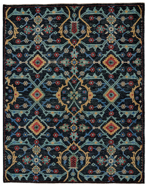 5' X 8' Blue Yellow And Red Wool Floral Hand Knotted Distressed Stain Resistant Area Rug With Fringe