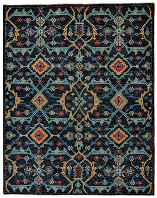10' X 13' Blue Yellow And Red Wool Floral Hand Knotted Distressed Stain Resistant Area Rug With Fringe