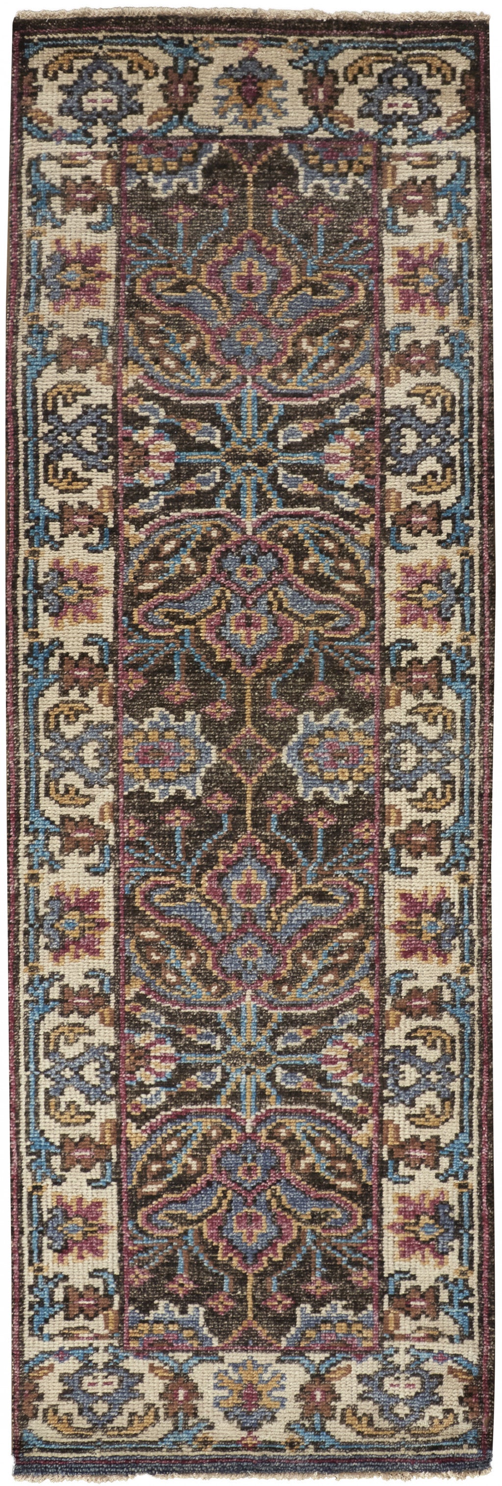 8' Ivory Brown And Blue Wool Floral Hand Knotted Distressed Stain Resistant Runner Rug With Fringe