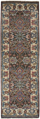 8' Ivory Brown And Blue Wool Floral Hand Knotted Distressed Stain Resistant Runner Rug With Fringe