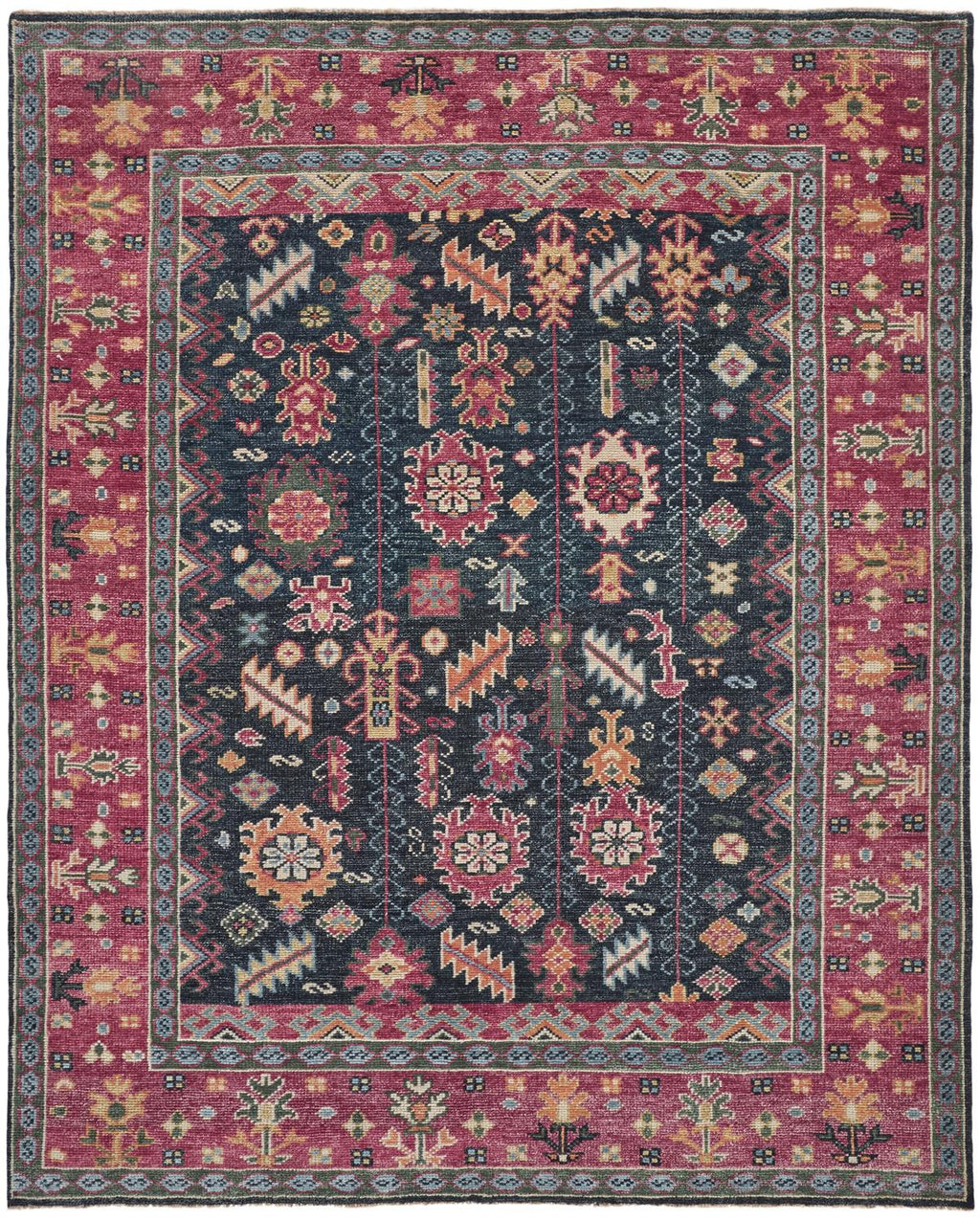 8' X 10' Pink Blue And Orange Wool Floral Hand Knotted Distressed Stain Resistant Area Rug With Fringe