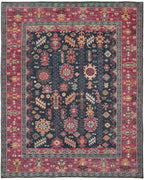 8' X 10' Pink Blue And Orange Wool Floral Hand Knotted Distressed Stain Resistant Area Rug With Fringe