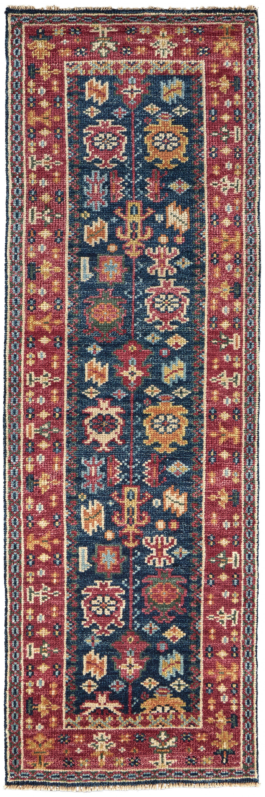 8' Pink Blue And Orange Wool Floral Hand Knotted Distressed Stain Resistant Runner Rug With Fringe