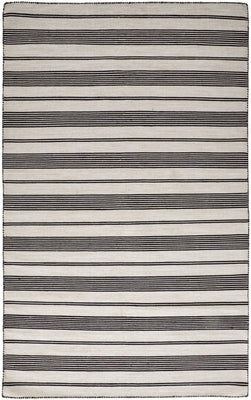 5' X 8' Black And White Striped Dhurrie Hand Woven Stain Resistant Area Rug
