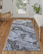 8' Taupe Gray And Blue Abstract Power Loom Stain Resistant Runner Rug