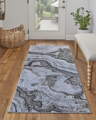 8' Taupe Gray And Blue Abstract Power Loom Stain Resistant Runner Rug