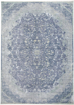 10' X 14' Blue Gray And Silver Abstract Distressed Area Rug With Fringe