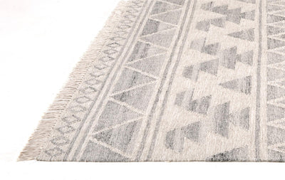 10' X 14' Ivory Gray And Blue Wool Geometric Dhurrie Flatweave Handmade Area Rug With Fringe