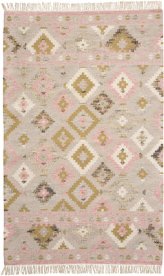 8' X 10' Pink Gold And Taupe Wool Geometric Dhurrie Flatweave Handmade Area Rug With Fringe