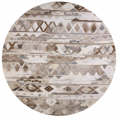 10' Ivory Tan And Gray Round Wool Abstract Tufted Handmade Area Rug