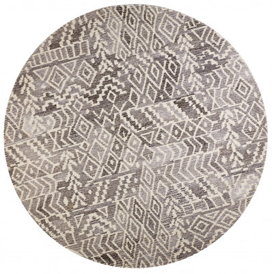 10' Gray And White Round Wool Abstract Tufted Handmade Area Rug