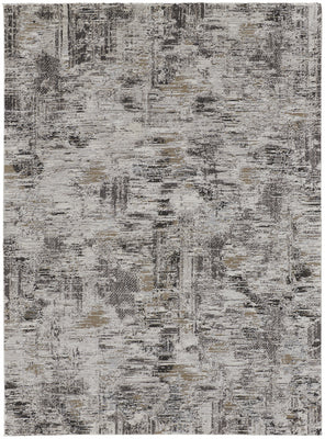 10' X 14' Ivory Gray And Brown Abstract Power Loom Distressed Stain Resistant Area Rug