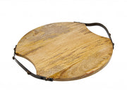 13" Natural Brown Round Wood and Metal Tray