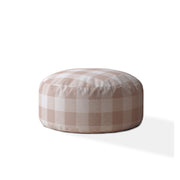 24" Pink And White Cotton Round Gingham Pouf Ottoman