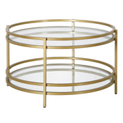 32" Gold and Glass Round Coffee Table With Shelf