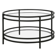 32" Black and Glass Round Coffee Table With Shelf