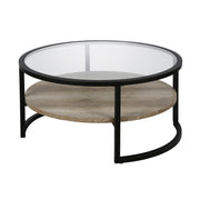 34" Black Glass Round Coffee Table With Shelf