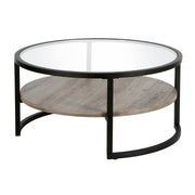 34" Black Glass and Gray Round Coffee Table With Shelf