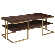 45" Gold and Brown Rectangular Coffee Table With Shelf
