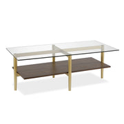 47" Gold Glass and Walnut Rectangular Coffee Table With Shelf
