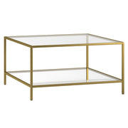 32" Gold and Glass Square Coffee Table With Shelf