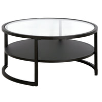 34" Black and Glass Round Coffee Table With Shelf