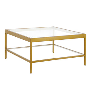 32" Gold Glass Square Coffee Table With Shelf