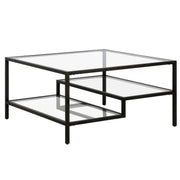32" Black Glass Square Coffee Table With Two Shelves