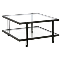 32" Black Glass Square Coffee Table With Shelf