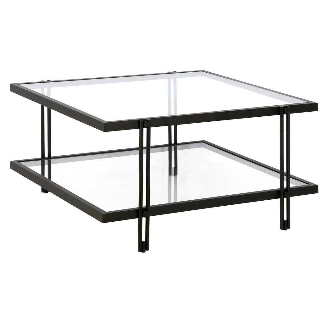 32" Black Glass Square Coffee Table With Shelf